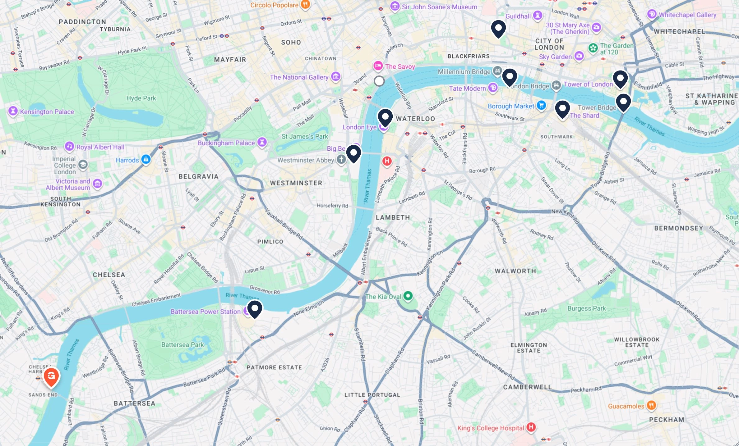 Private Thames yacht cruise route map from Imperial Wharf Marina to Tower Bridge and back